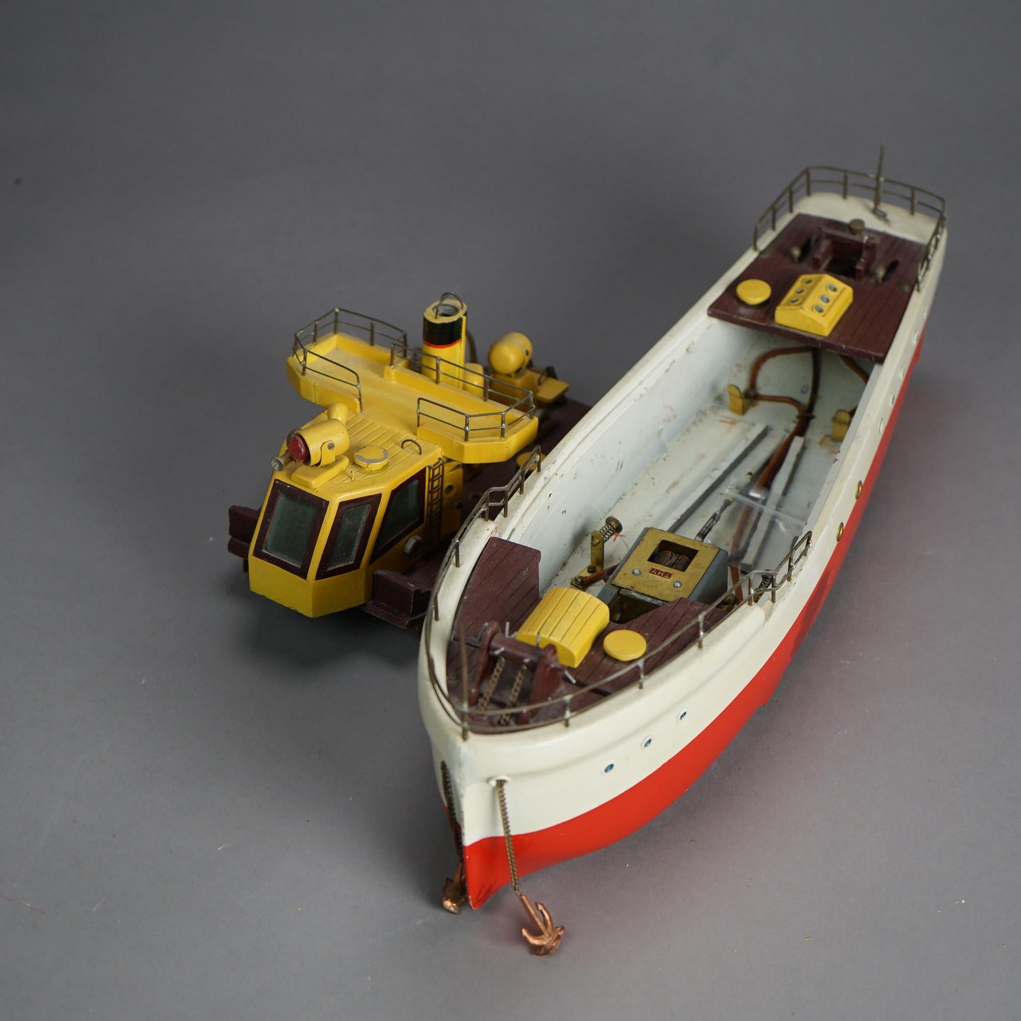 Vintage Polychrome Wooden Toy Motor Ship Model & Original Wooden Box c1940 7