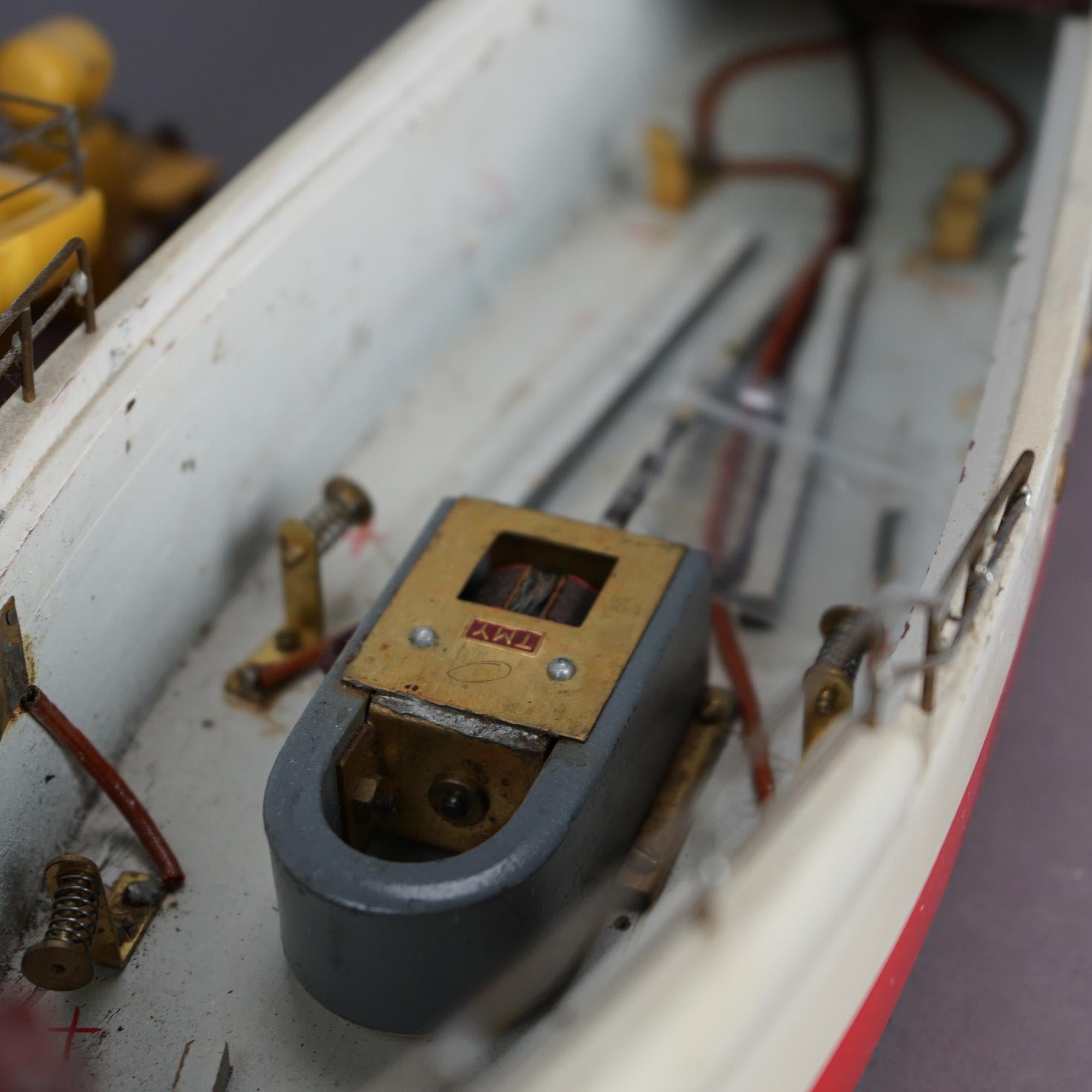 Vintage Polychrome Wooden Toy Motor Ship Model & Original Wooden Box c1940 10