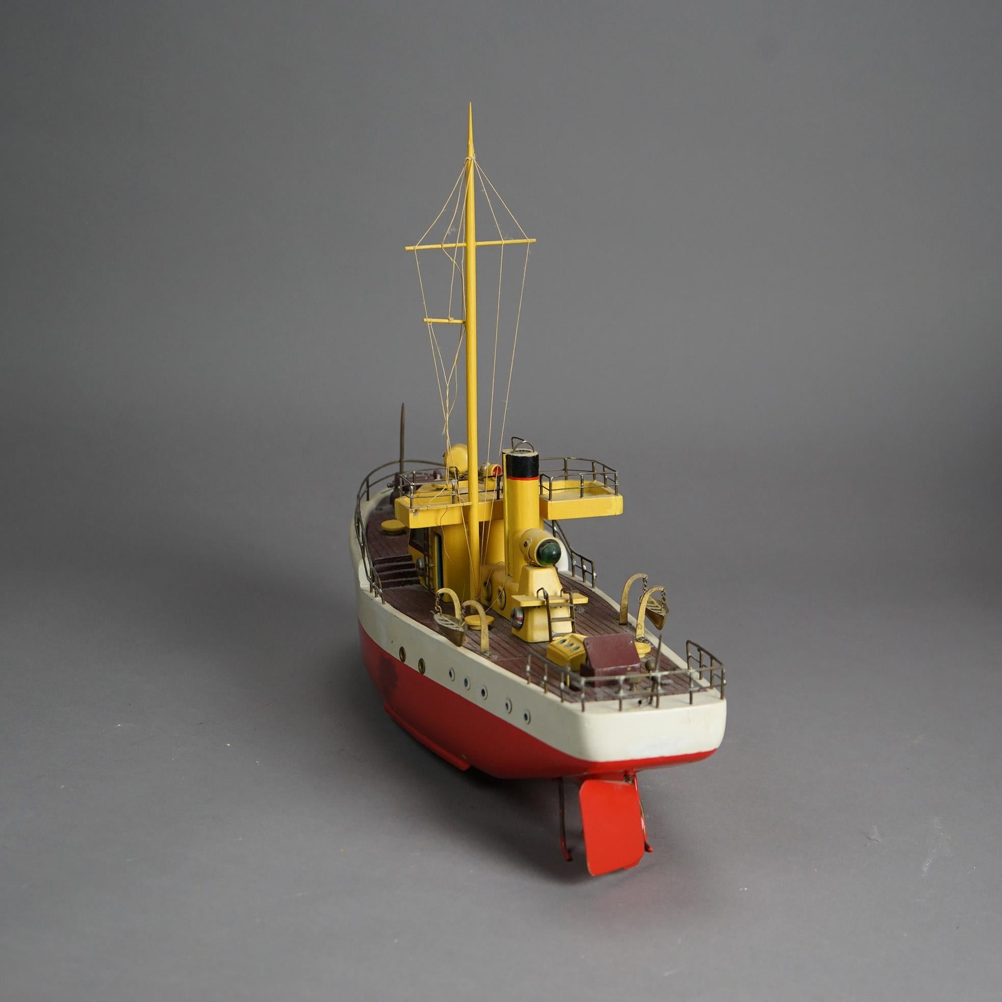 Vintage Polychrome Wooden Toy Motor Ship Model & Original Wooden Box c1940 11