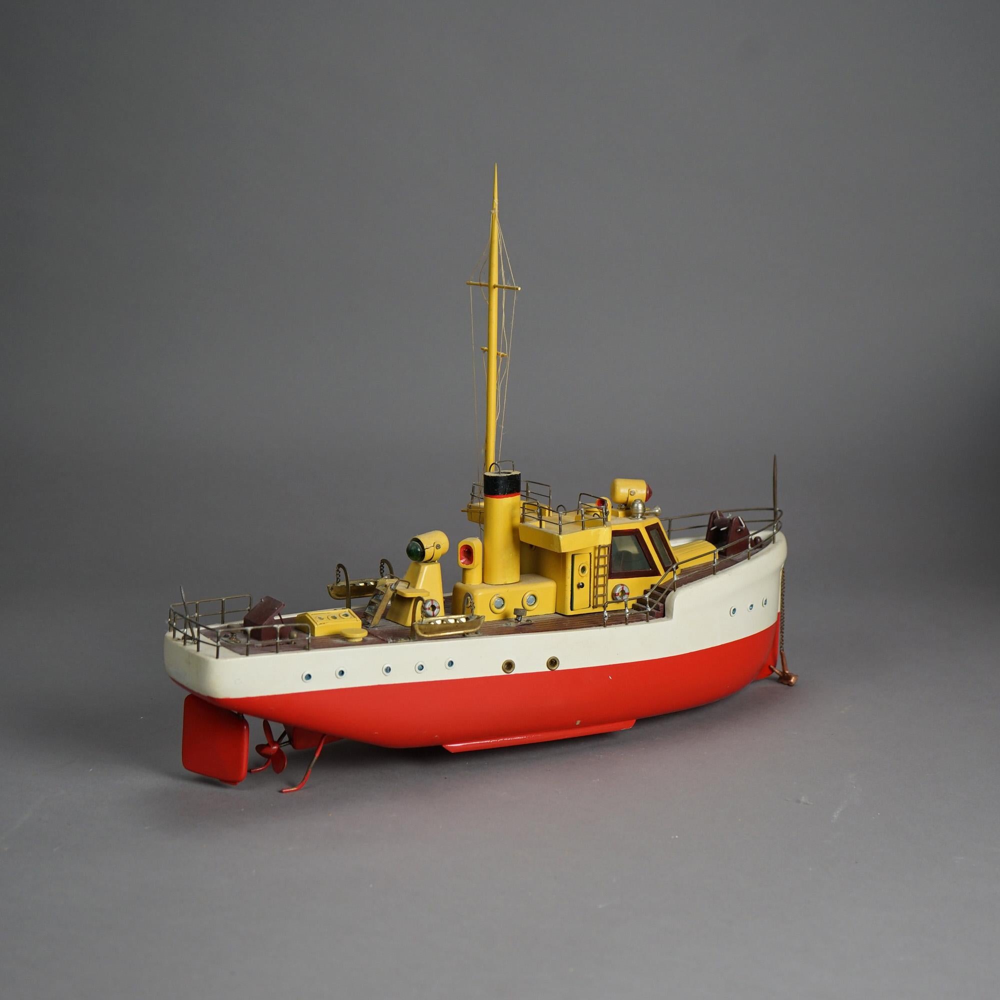 Vintage Polychrome Wooden Toy Motor Ship Model & Original Wooden Box c1940 12