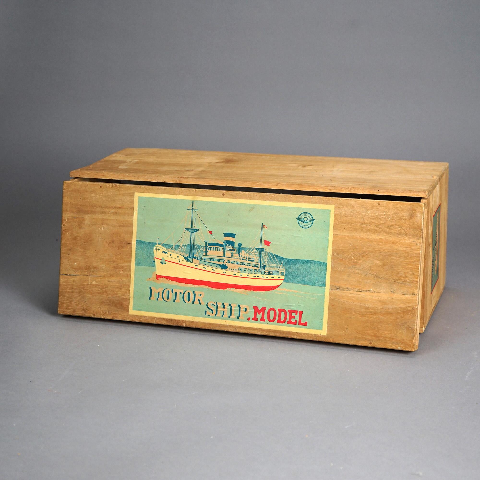 Vintage Polychrome Wooden Toy Motor Ship Model & Original Wooden Box c1940 13