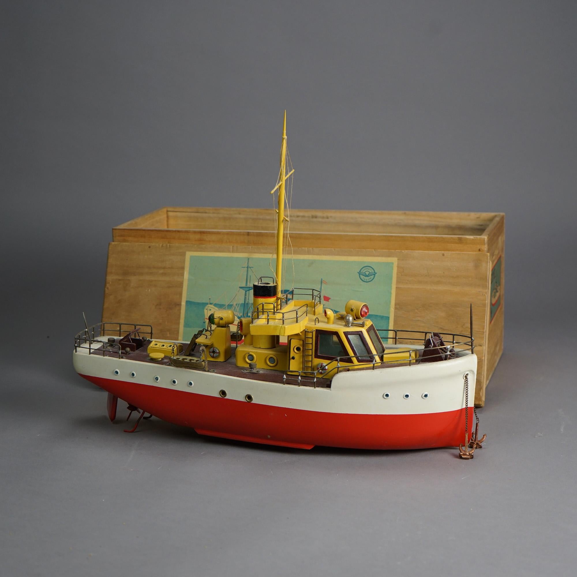 Vintage Polychrome Wooden Toy Motor Ship Model & Original Wooden Box c1940 In Good Condition In Big Flats, NY