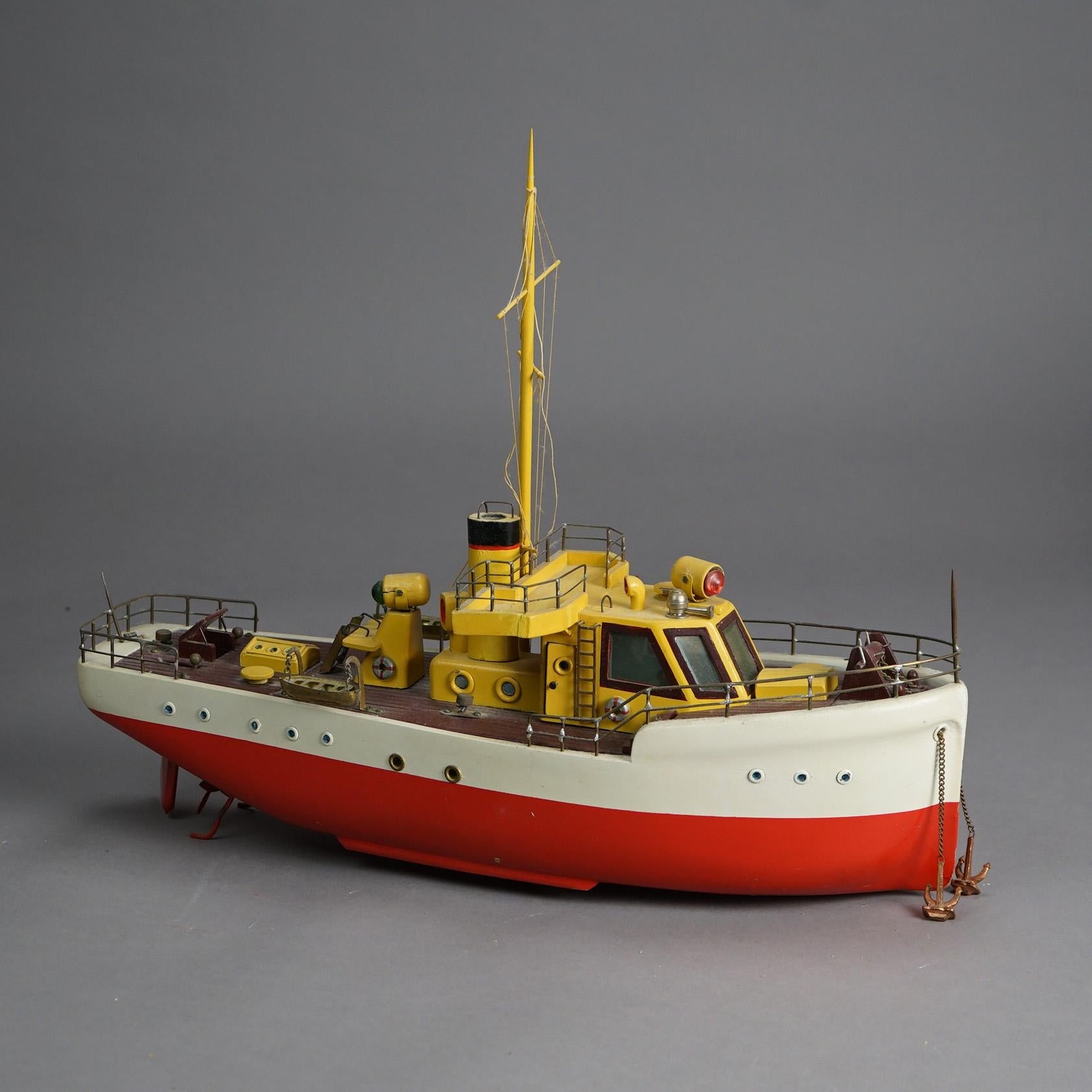 Vintage Polychrome Wooden Toy Motor Ship Model & Original Wooden Box c1940 1