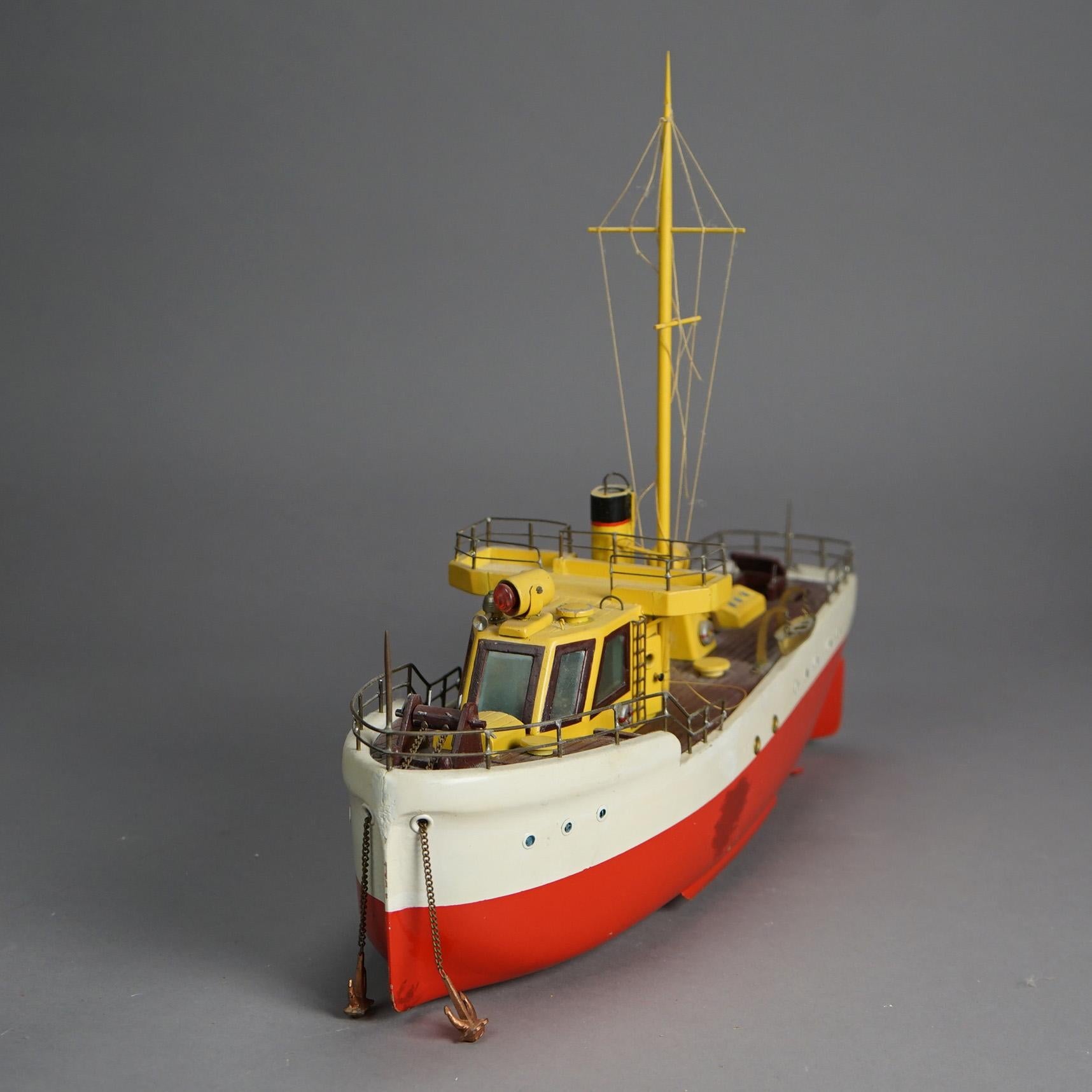 Vintage Polychrome Wooden Toy Motor Ship Model & Original Wooden Box c1940 2