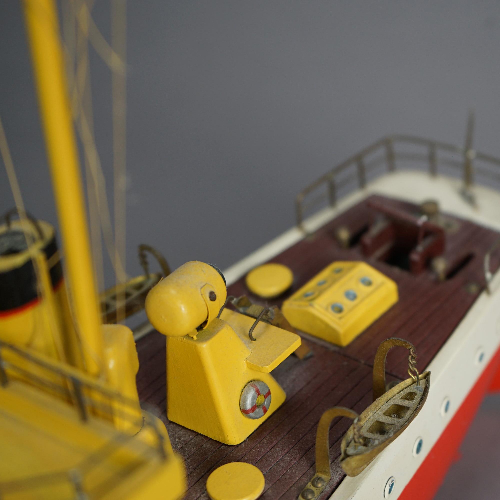 Vintage Polychrome Wooden Toy Motor Ship Model & Original Wooden Box c1940 4