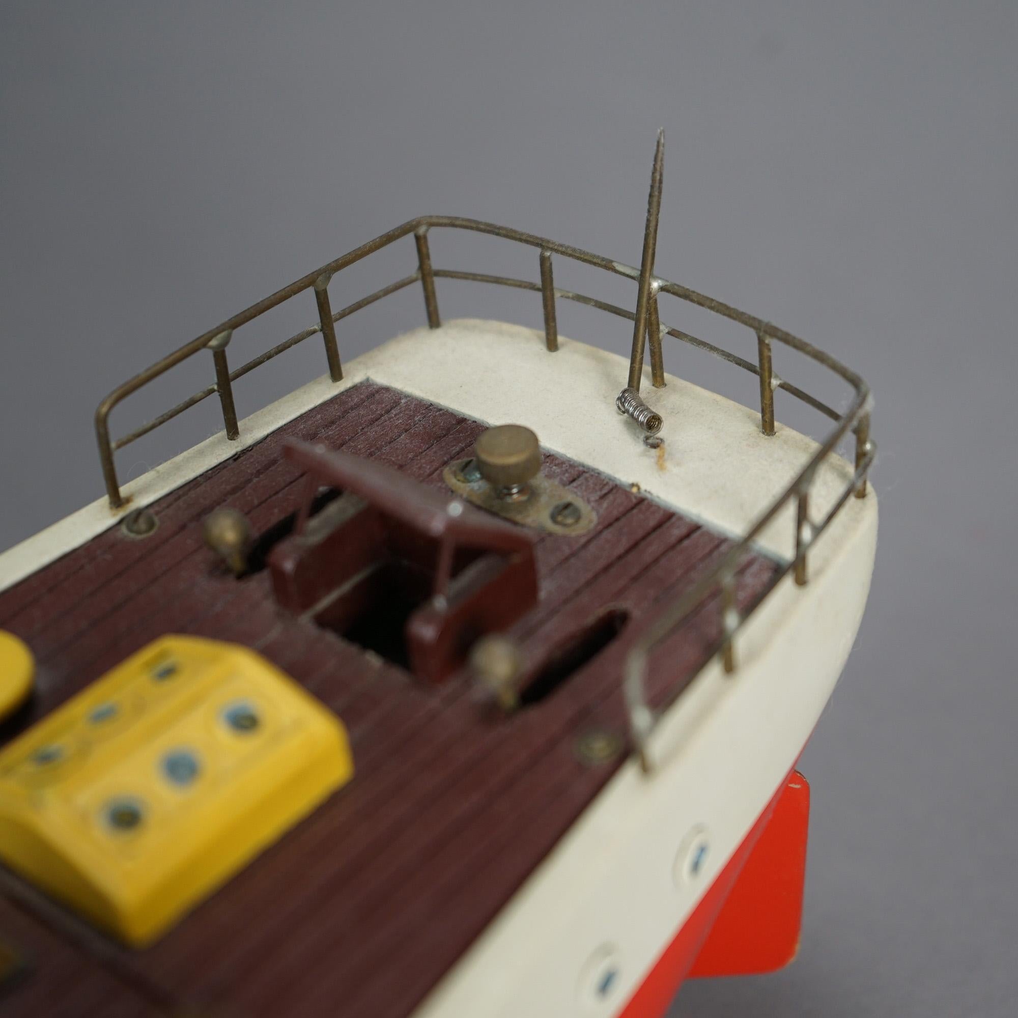 Vintage Polychrome Wooden Toy Motor Ship Model & Original Wooden Box c1940 5