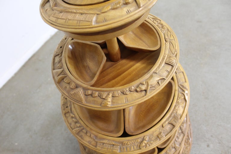 Vintage Polynesian 4 Tier Teak Centerpiece/Serving Set/Lazy Susan For