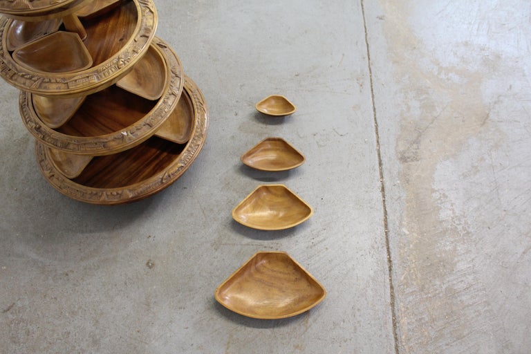 Vintage Polynesian 4 Tier Teak Centerpiece/Serving Set/Lazy Susan For