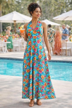 Vintage Pomare Hawaiian Halter Maxi Dress, Floral Print, Size 16