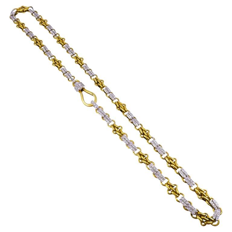 Women's or Men's Vintage Pomellato Diamond Chain Necklace 18k White Yellow Gold Estate Jewelry For Sale