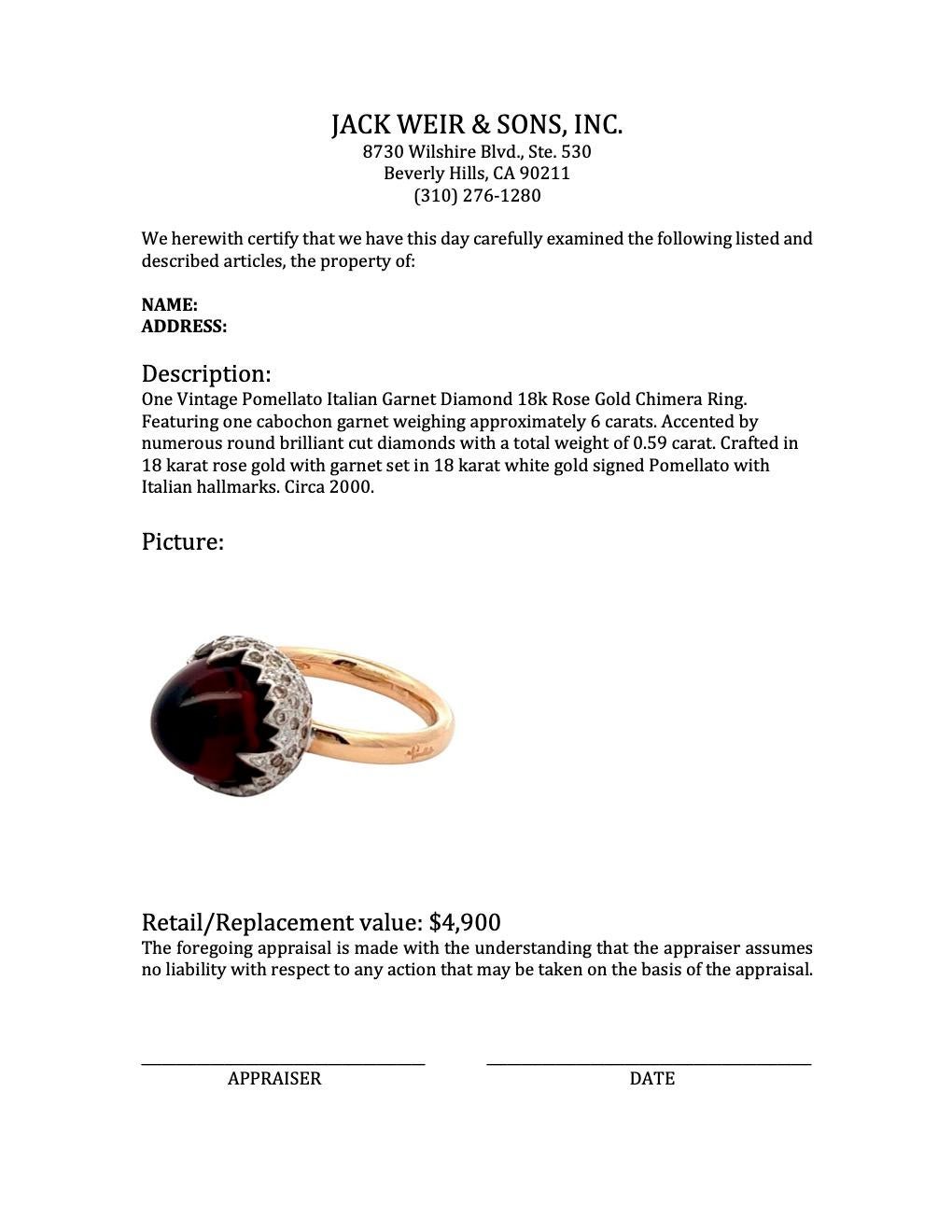 Women's or Men's Vintage Pomellato Italian Garnet Diamond 18k Rose Gold Chimera Ring
