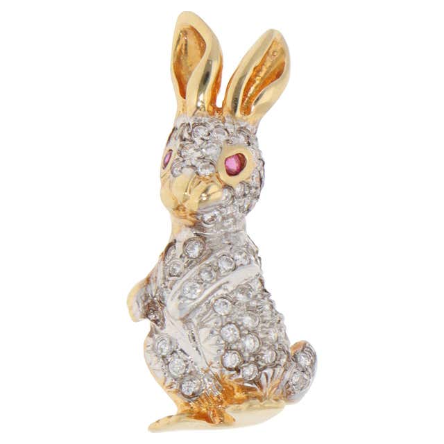 Antique Diamond Rabbit Brooch of Silver and 10k Gold For Sale at 1stDibs