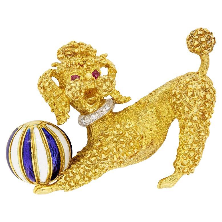 Vintage Poodle and Ball Brooch, c.1970s For Sale