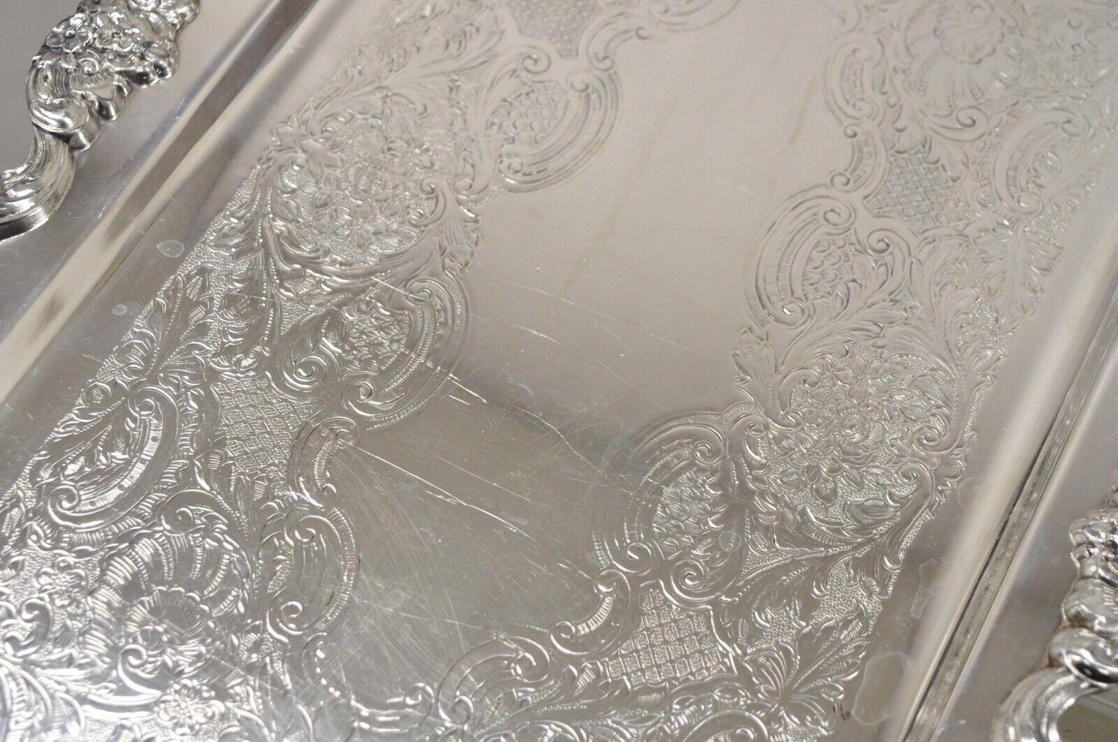 Vintage Poole Silver Co Fancy Twin Handle Silver Plated Narrow Platter Tray In Good Condition In Philadelphia, PA