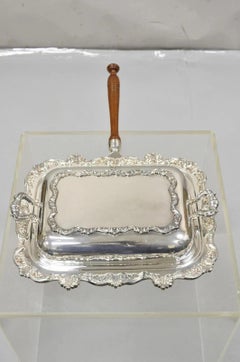 Vintage Poole Silver Co Victorian Silver Plated Serving Platter w/ Wooden Handle