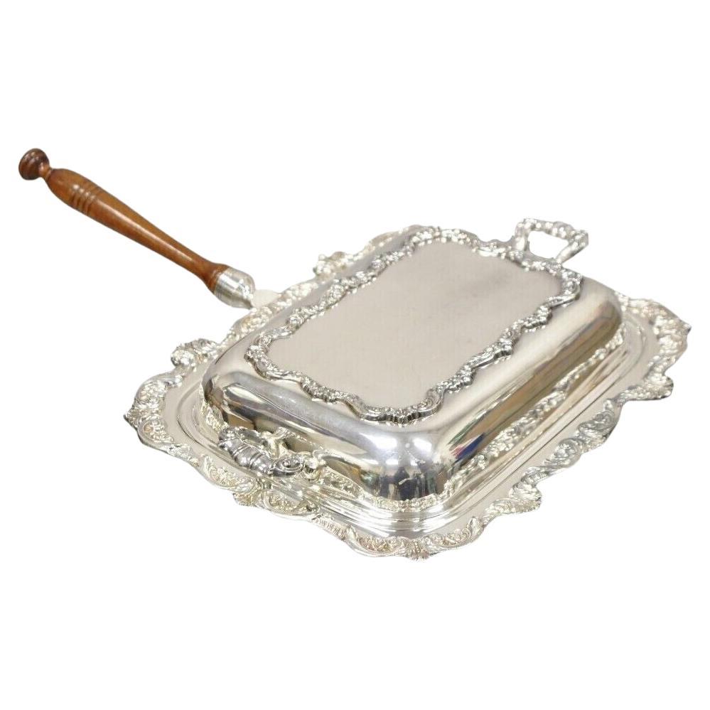 Vintage Poole Silver Co Plato de servir victoriano bañado en plata con asa de madera