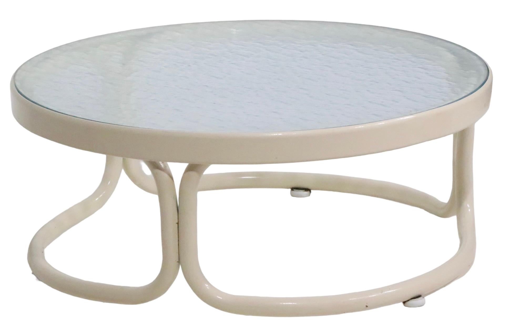 Post-Modern Vintage Poolside Patio Side Table with Aluminum Frame and Textured Glass Top For Sale