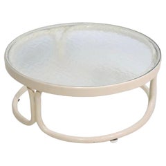 Table d'appoint de patio vintage pour patio avec cadre en aluminium et plateau en verre texturé