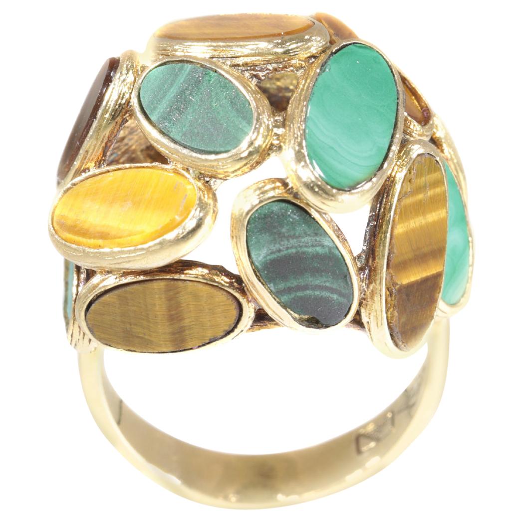 Vintage Pop-Art 18 Karat Gold Ring Set with Malachite and Tiger Eye, 1960s For Sale