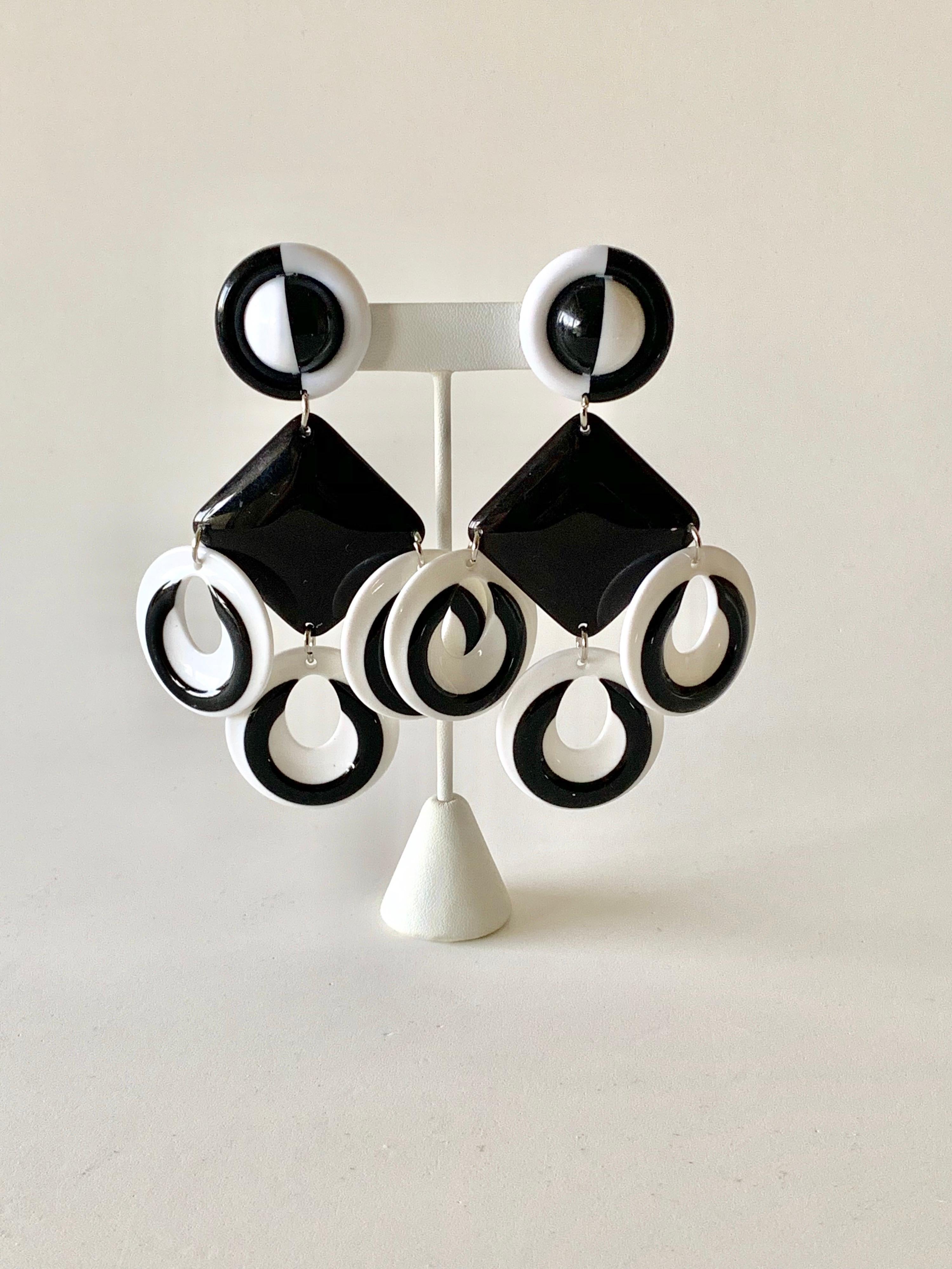 Contemporary Vintage Black and White Architectural Statement Earrings 