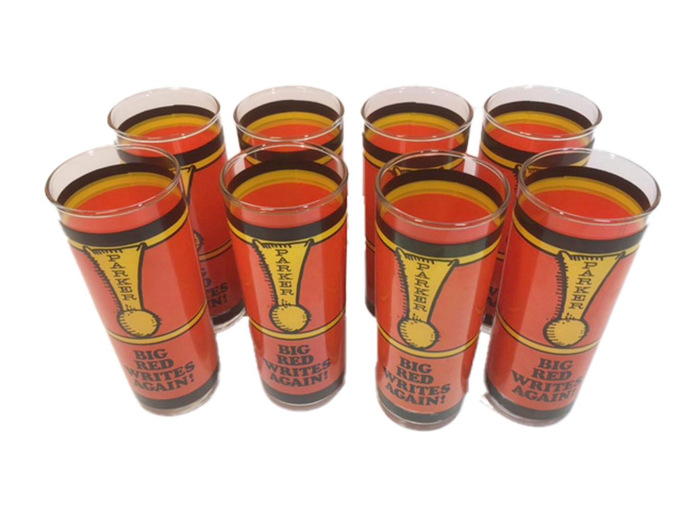 Set of eight vintage Pop Art Collins glasses in red, black and yellow enamel. The design resembling the barrel and clip of a lacquered Parker pen with the word spelled vertically down the clip, and the words 