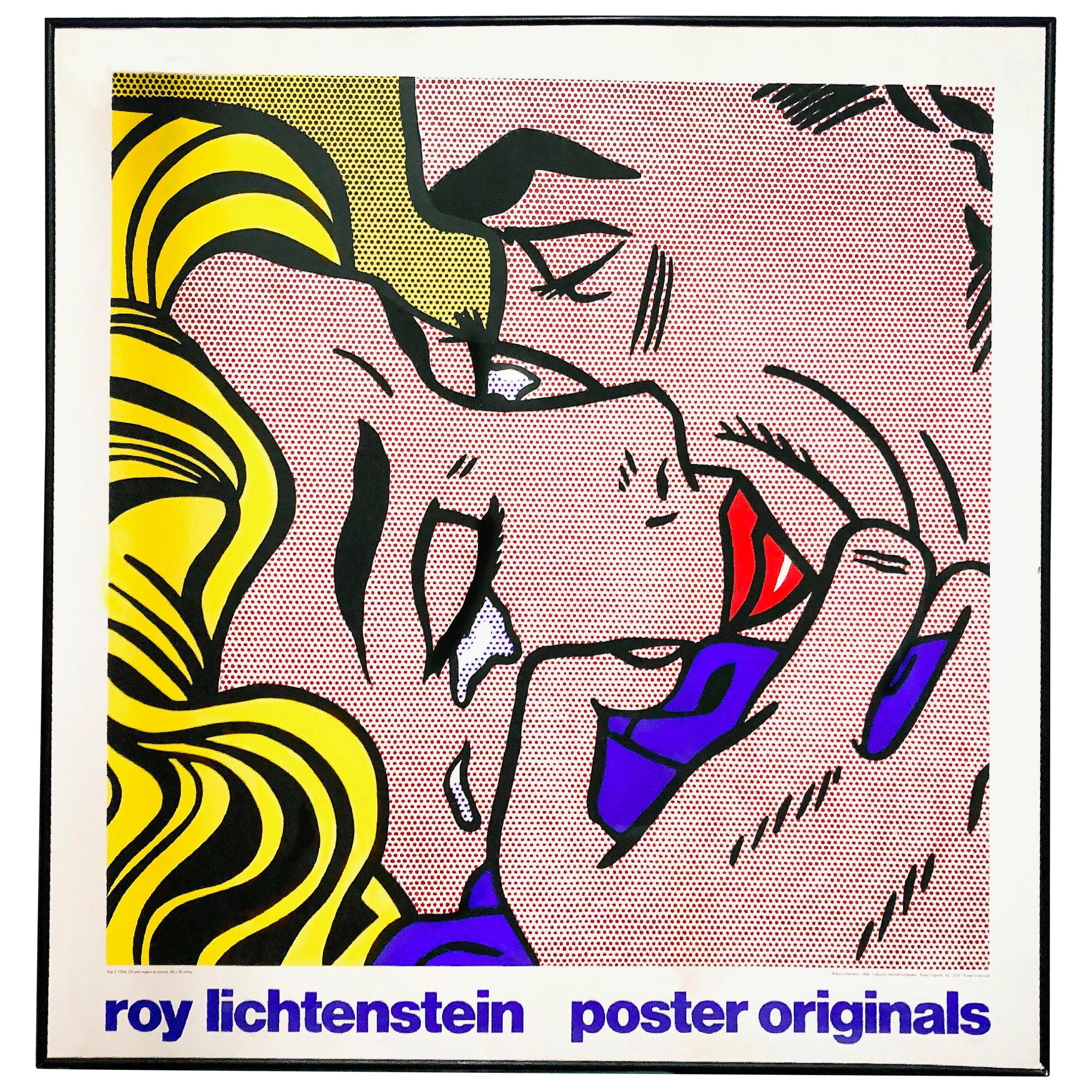Stunning silk screen print from the limited 1990 run authorized by Lichtenstein’s estate after his iconic painting Kiss V (1964). Very good vintage condition. Minor age appropriate wear like slight darkening near the bottom edge of image right