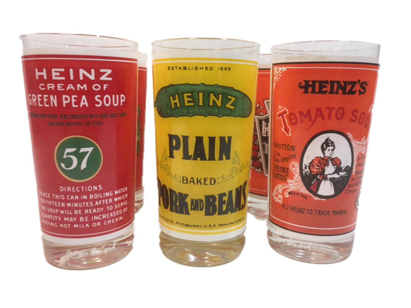 Set of 6 Georges Briard highball glasses with Heinz brand can labels in polychrome enamel. Two each Tomato, Green Pea Soup and Beans and Pork. All in excellent condition.