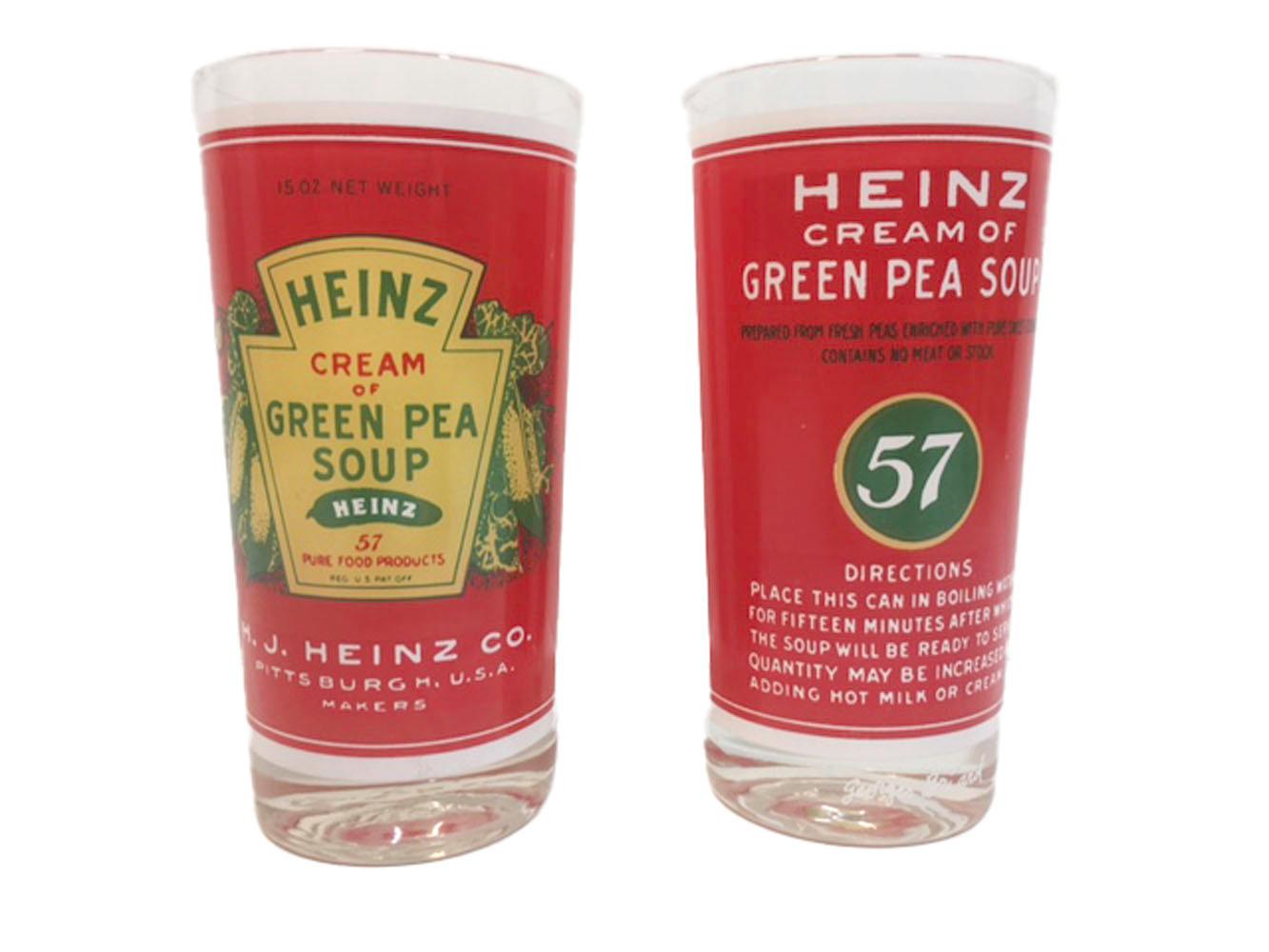 Mid-Century Modern Vintage Pop Art Highball Glasses, Heinz Can Labels, Designed by Georges Briard