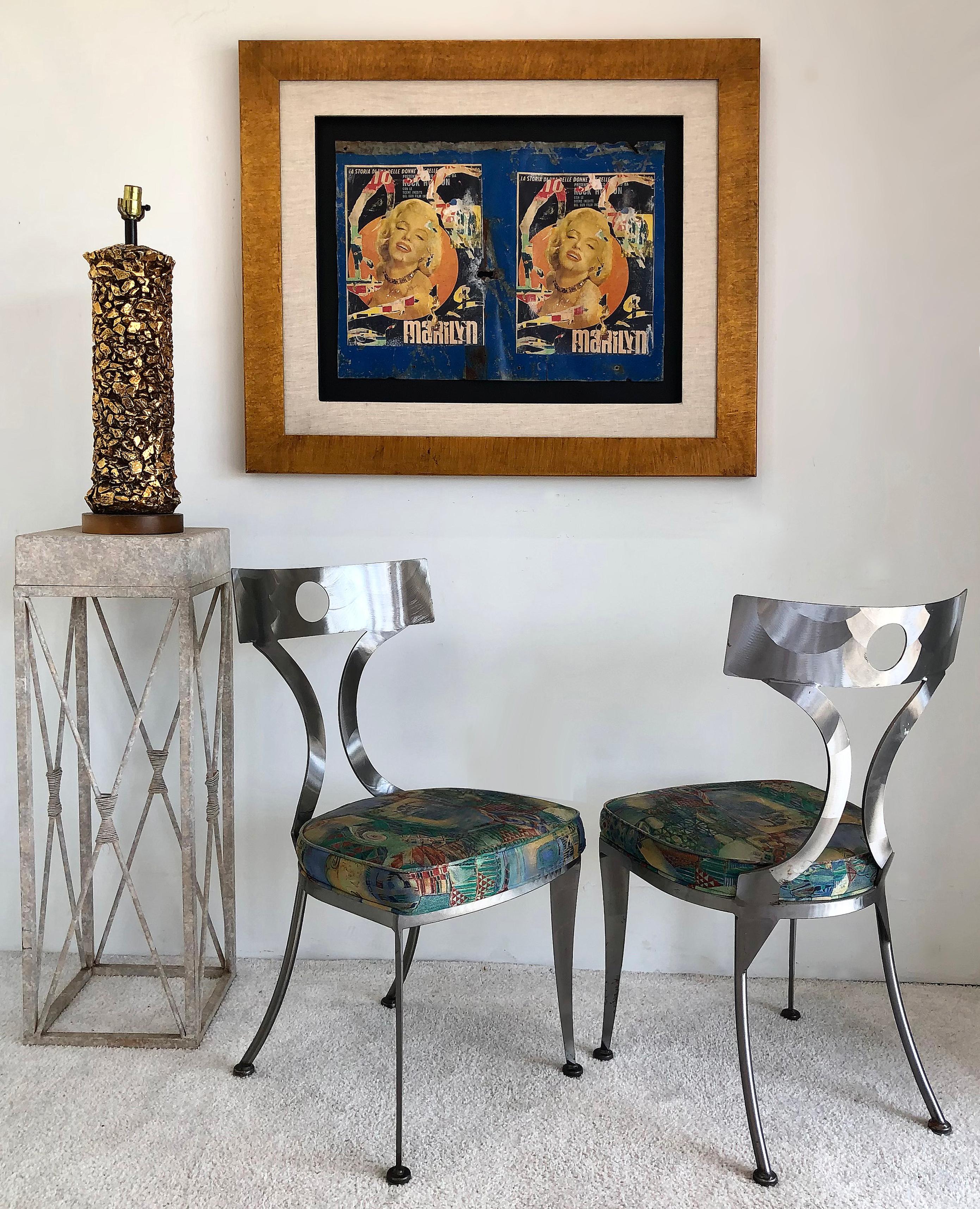Offered for sale is a stunning framed large metal installation after the Iconic Italian artist Mimmo Rotella. The work depicts Italian street Pop Art with the sex symbol Marilyn Monroe displayed within a wonderful gold leaf frame. The Monroe posters