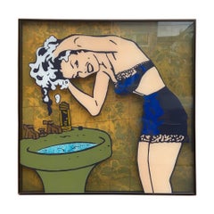 Vintage Pop Art Mid Century Retro Roy Lichtenstein Style Lady Bathing Wall Art