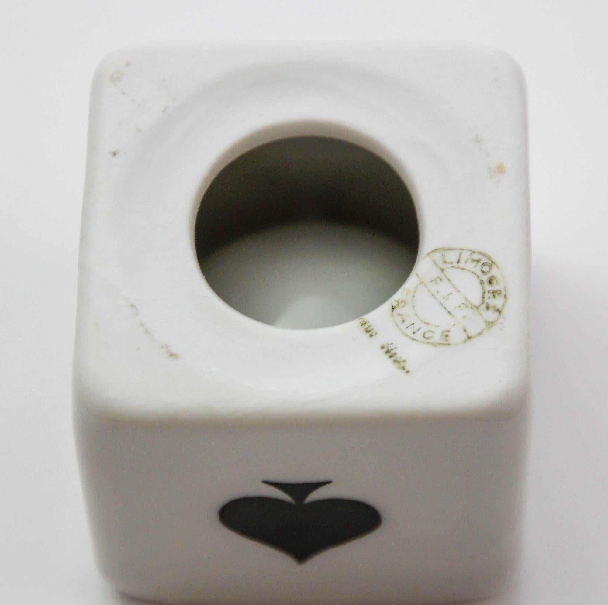 Limoges Porcelain Ashtray bridge poker, ace poker card games square cube design with gold top bowl.
Hand-Painted Dish France 1970s.
Limoges porcelain Vintage Ashtray Dish with the ace poker card game.
Hand-Painted Limoges France Dish.
1960s Limoges