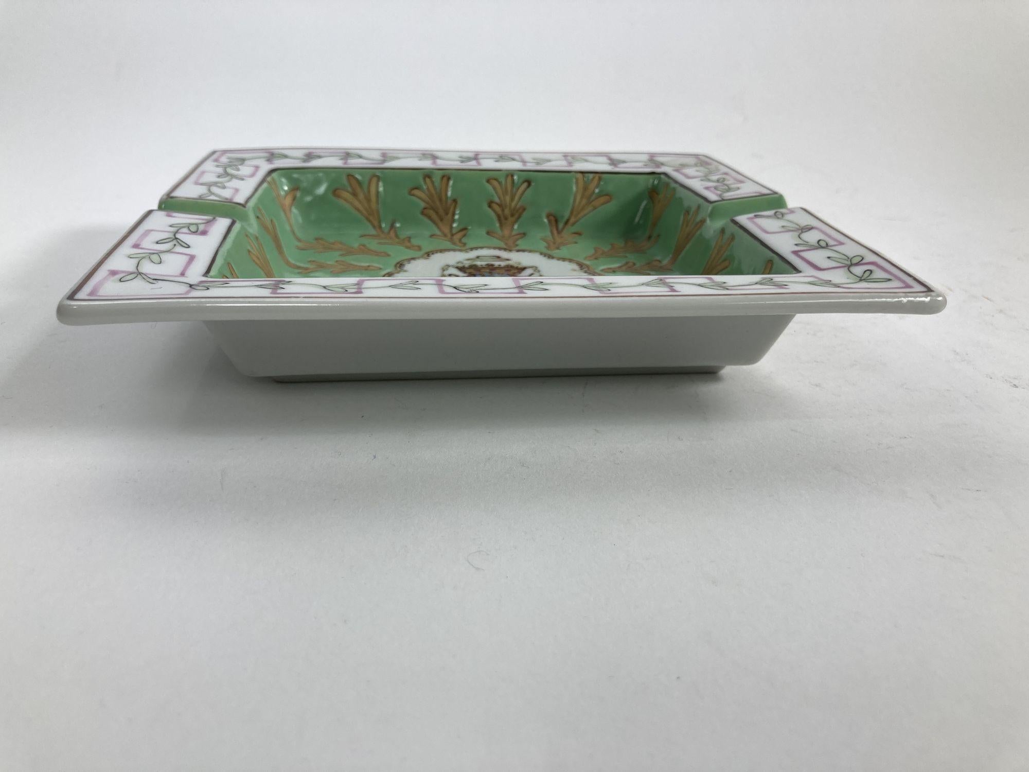 Modern Vintage Porcelain Ashtray White and Green with Coat of Arms