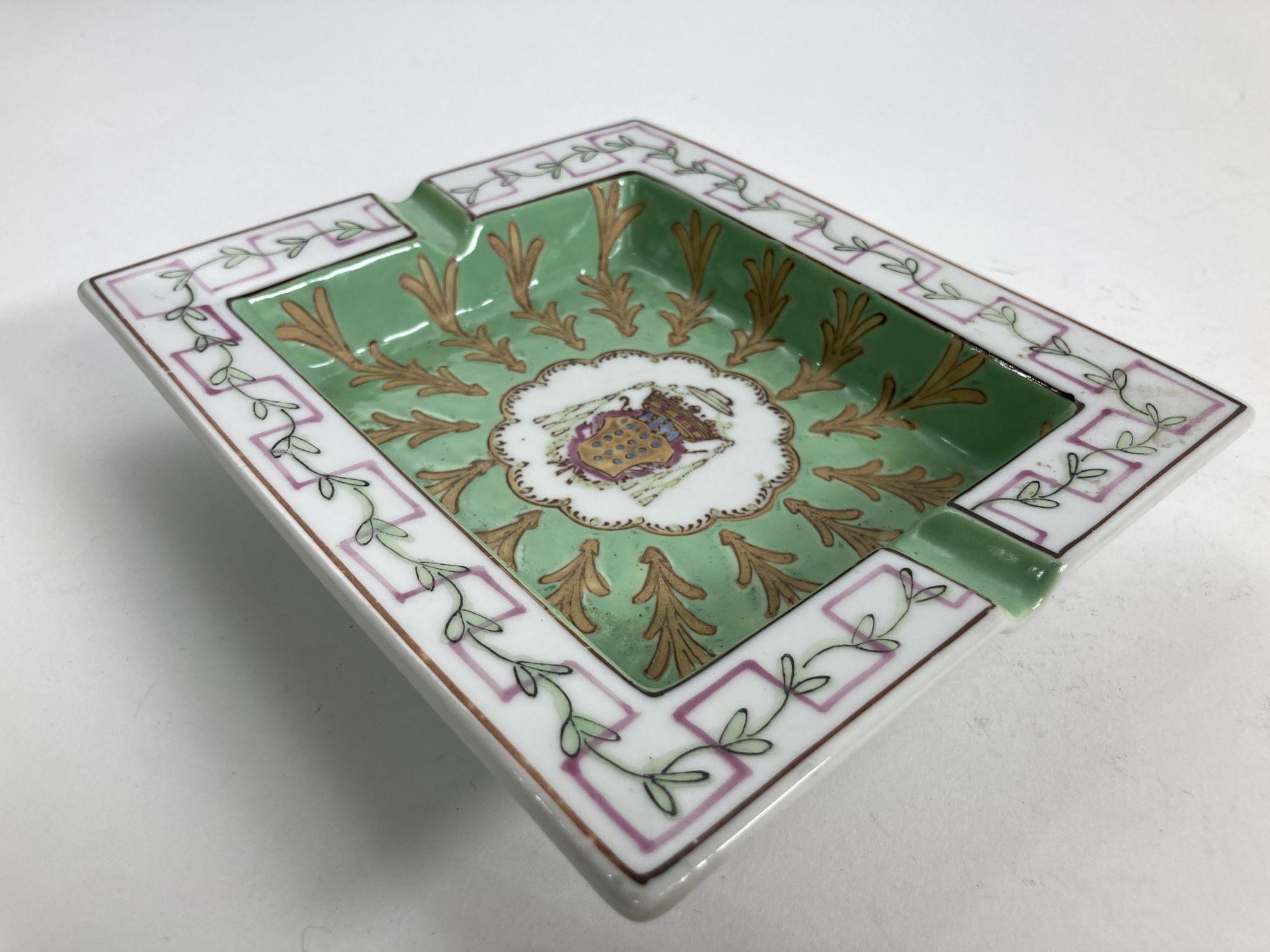 Hand-Painted Vintage Porcelain Ashtray White and Green with Coat of Arms