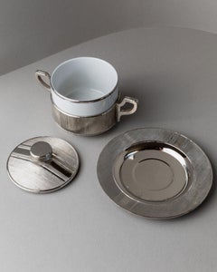 Vintage Porcelain Bowl with Lid, Silver-Plated Italy, 50s