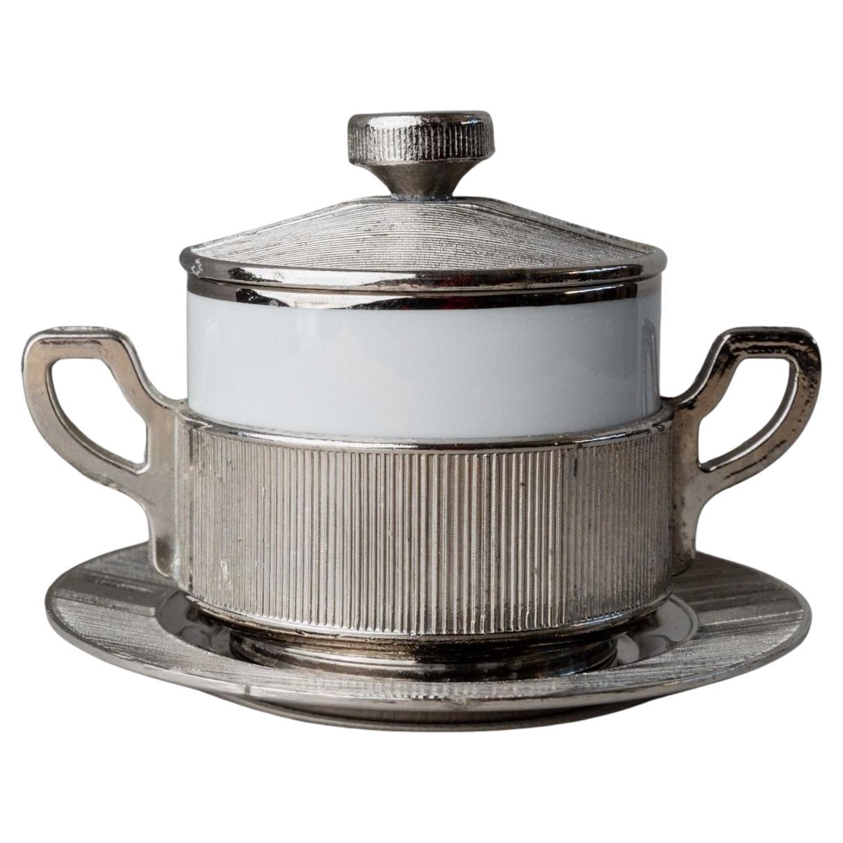 Vintage-Porzellanschale mit Deckel, versilbertes Italien, 50er Jahre