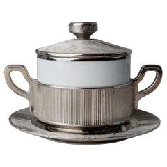 Vintage Porcelain Bowl with Lid, Silver-Plated Italy, 50s