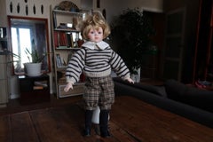 Vintage Porcelain Boy Doll, 20th Century, Breton Stripe Sweater & Tweed - 2C156