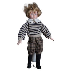 Vintage Porcelain Boy Doll, 20th Century, Breton Stripe Sweater & Tweed - 2C156