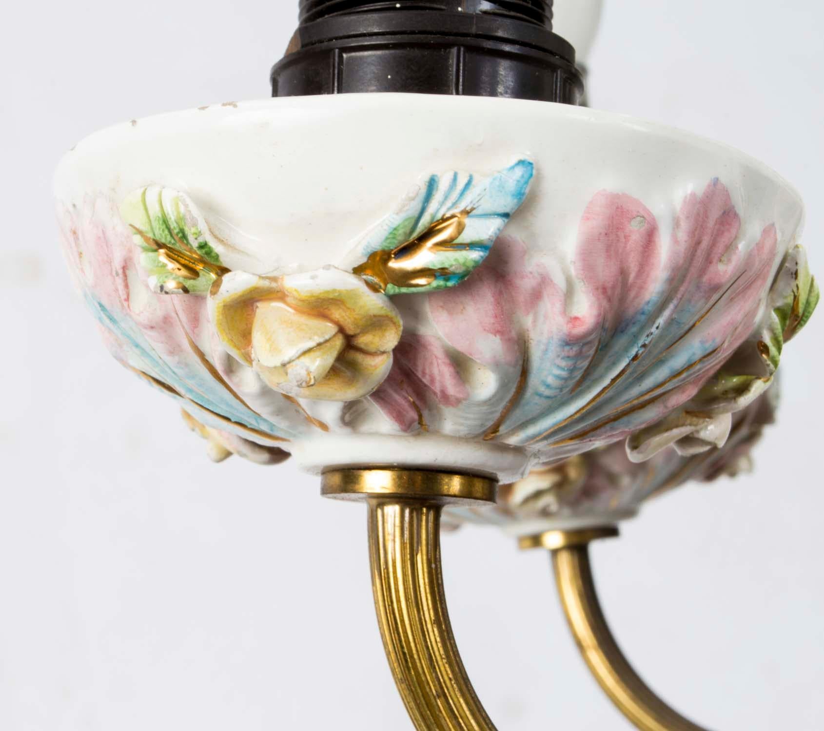 Vintage Porcelain and Brass 4-Light Chandelier For Sale 4