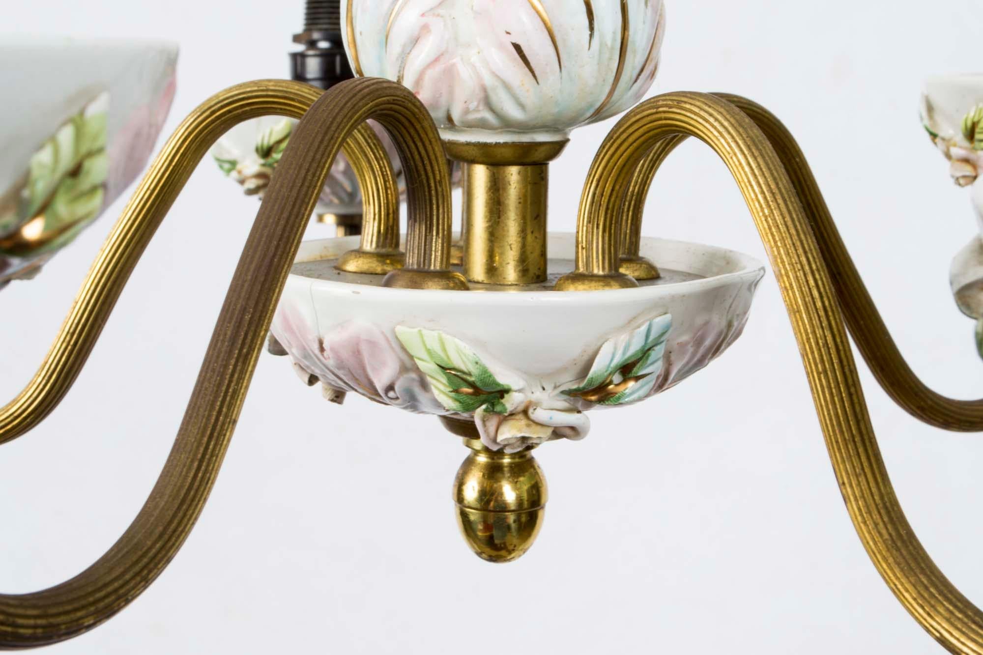 Vintage Porcelain and Brass 4-Light Chandelier For Sale 5