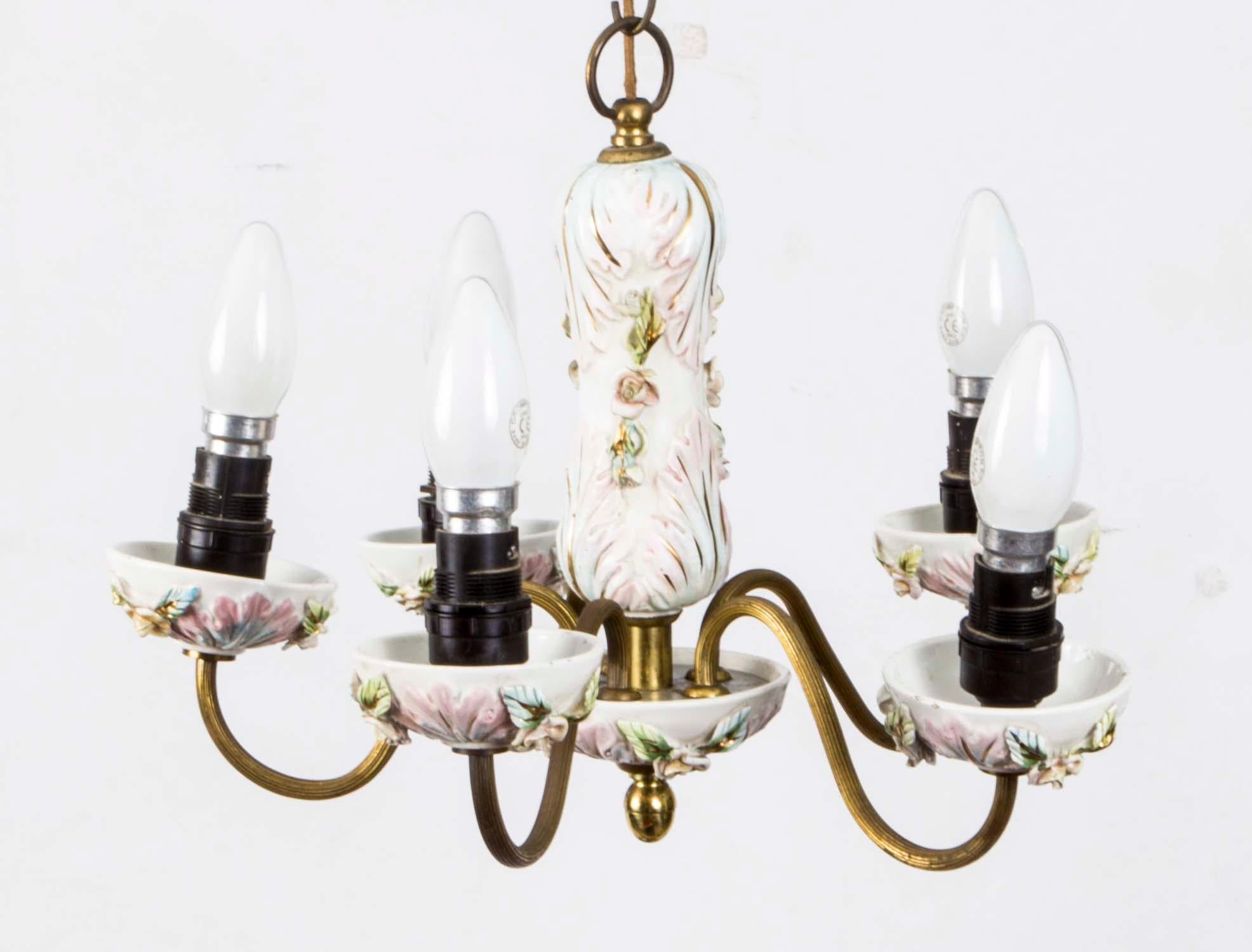 Mid-20th Century Vintage Porcelain and Brass 4-Light Chandelier For Sale