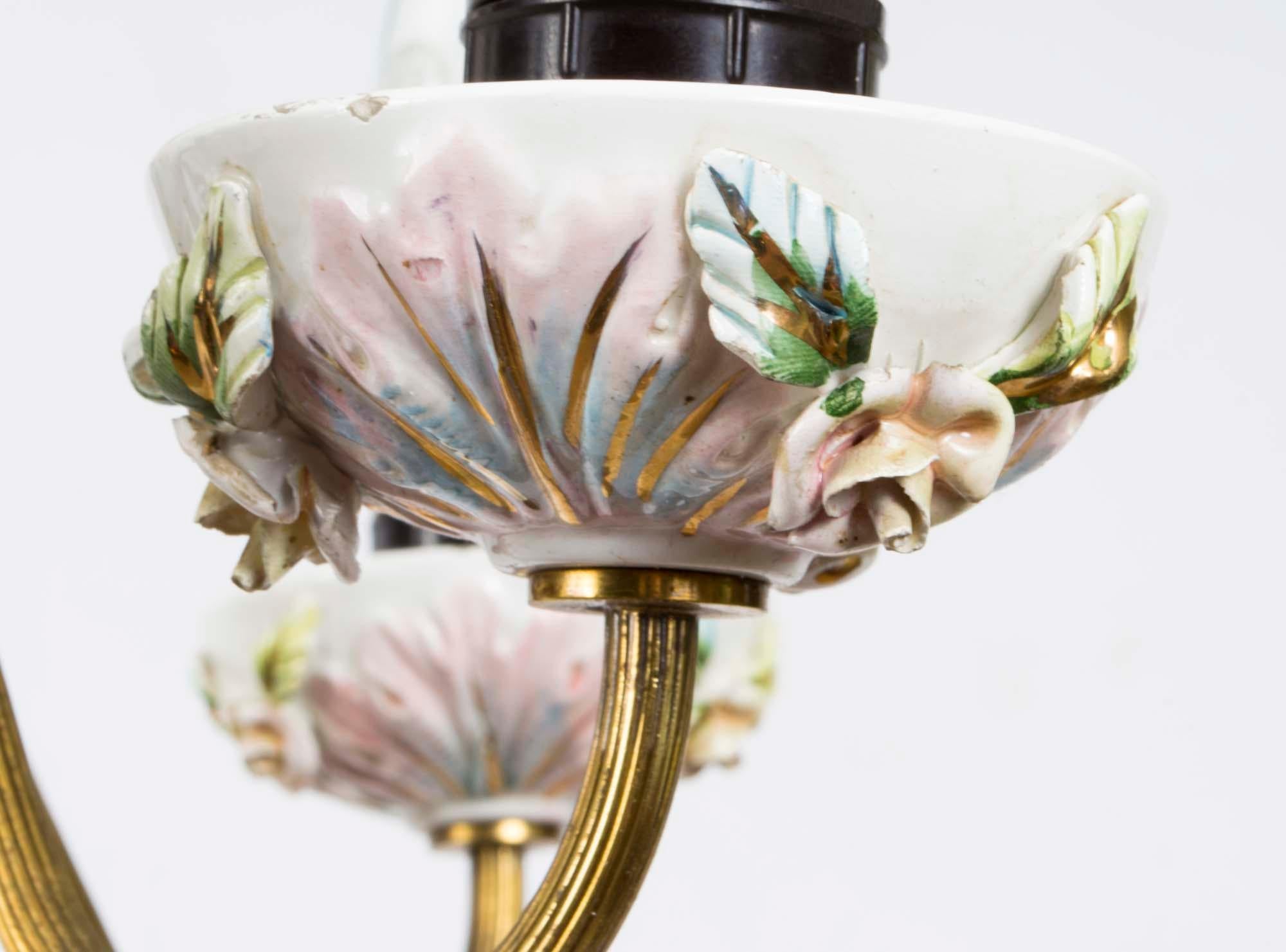 Vintage Porcelain and Brass 4-Light Chandelier For Sale 2