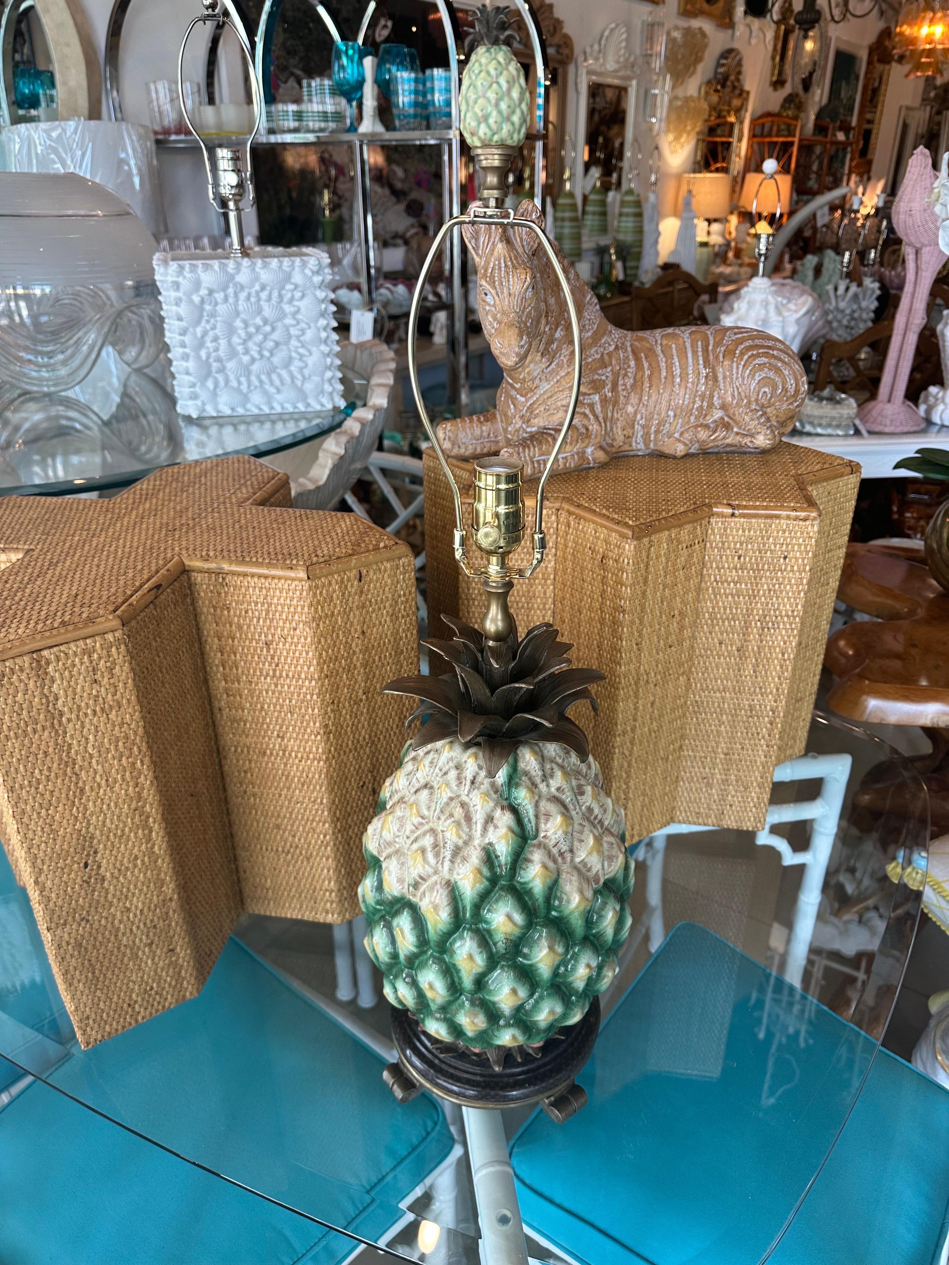 Vintage porcelain & brass pineapple table lamp with matching finial. No chips or breaks. Newly wired, 3 way sockets, new brass hardware. Dimensions: 21H (to top of socket) x 30 H (to top of finial) x 8 D. 