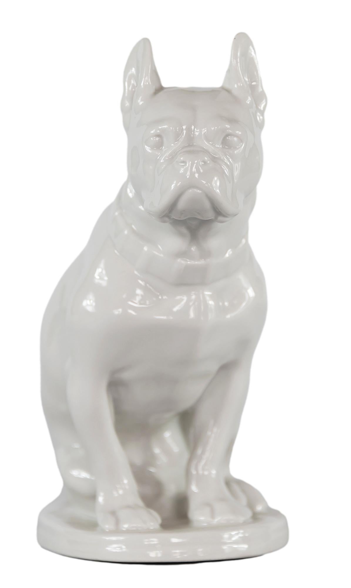 Vintage white glazed porcelain bulldog figurine by Russian Lomonosov Porcelain Factory LFZ.
Marked on the bottom.