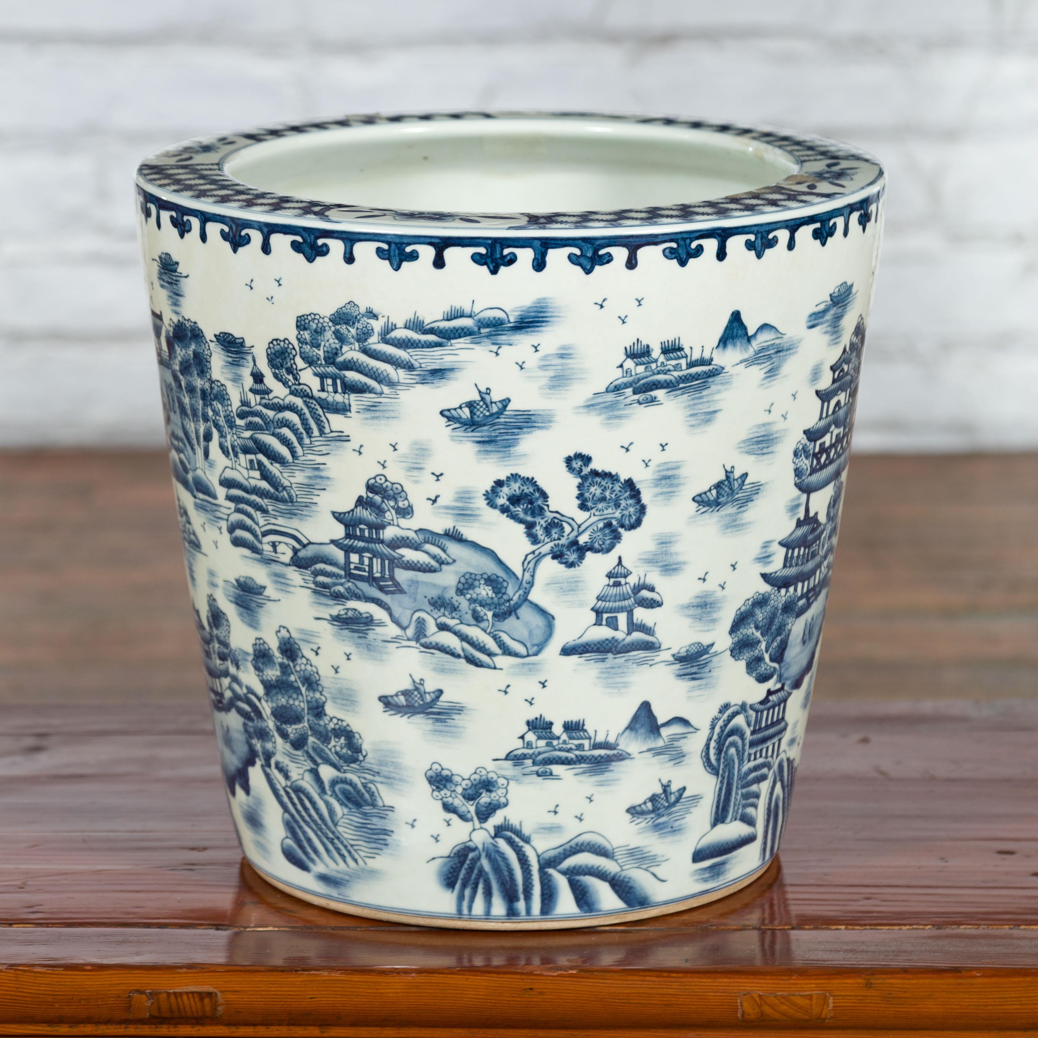Vintage Porcelain Cache-Pot Planter with Blue and White Mountainous Landscape For Sale 3