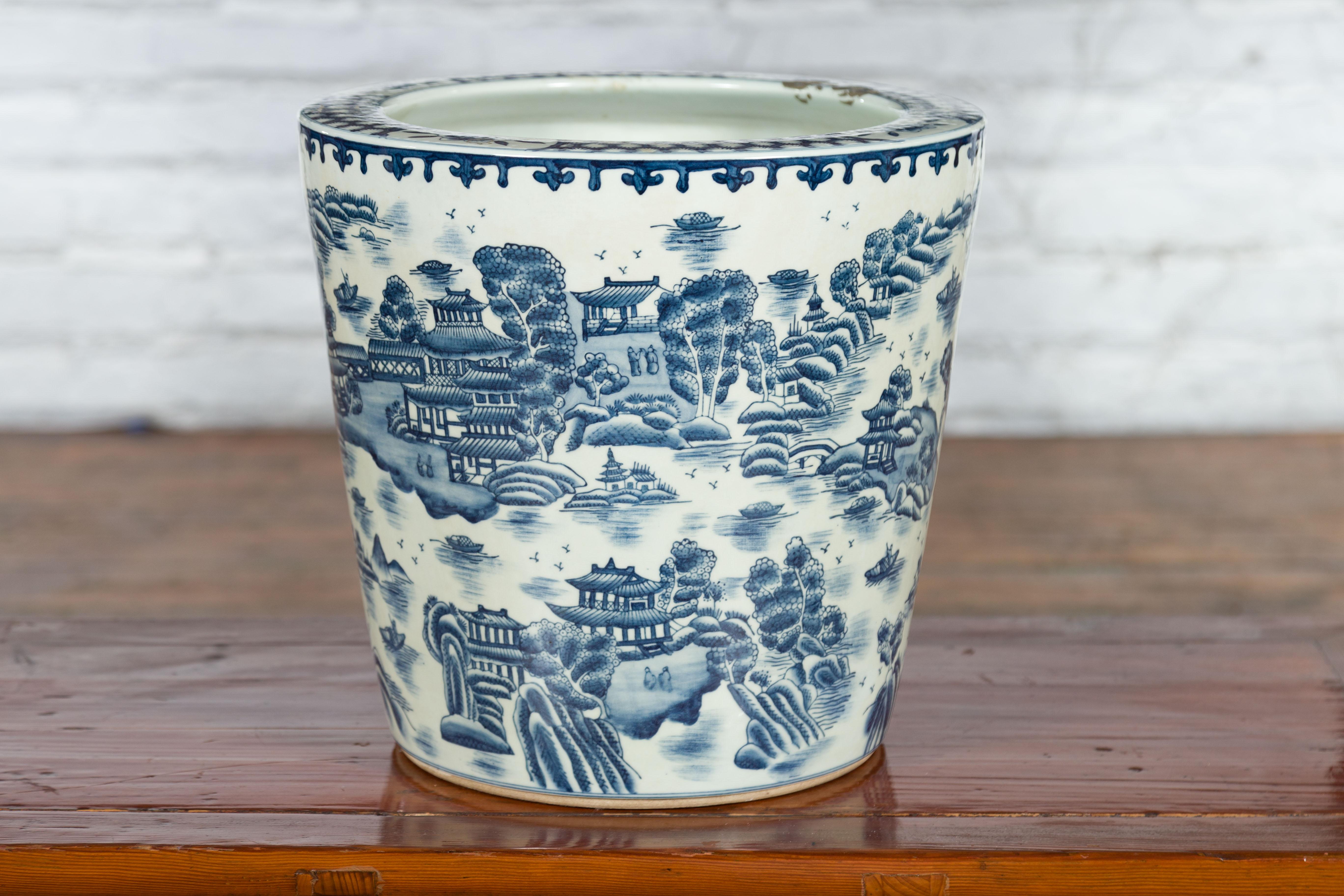 Vintage Porcelain Cache-Pot Planter with Blue and White Mountainous Landscape For Sale 4