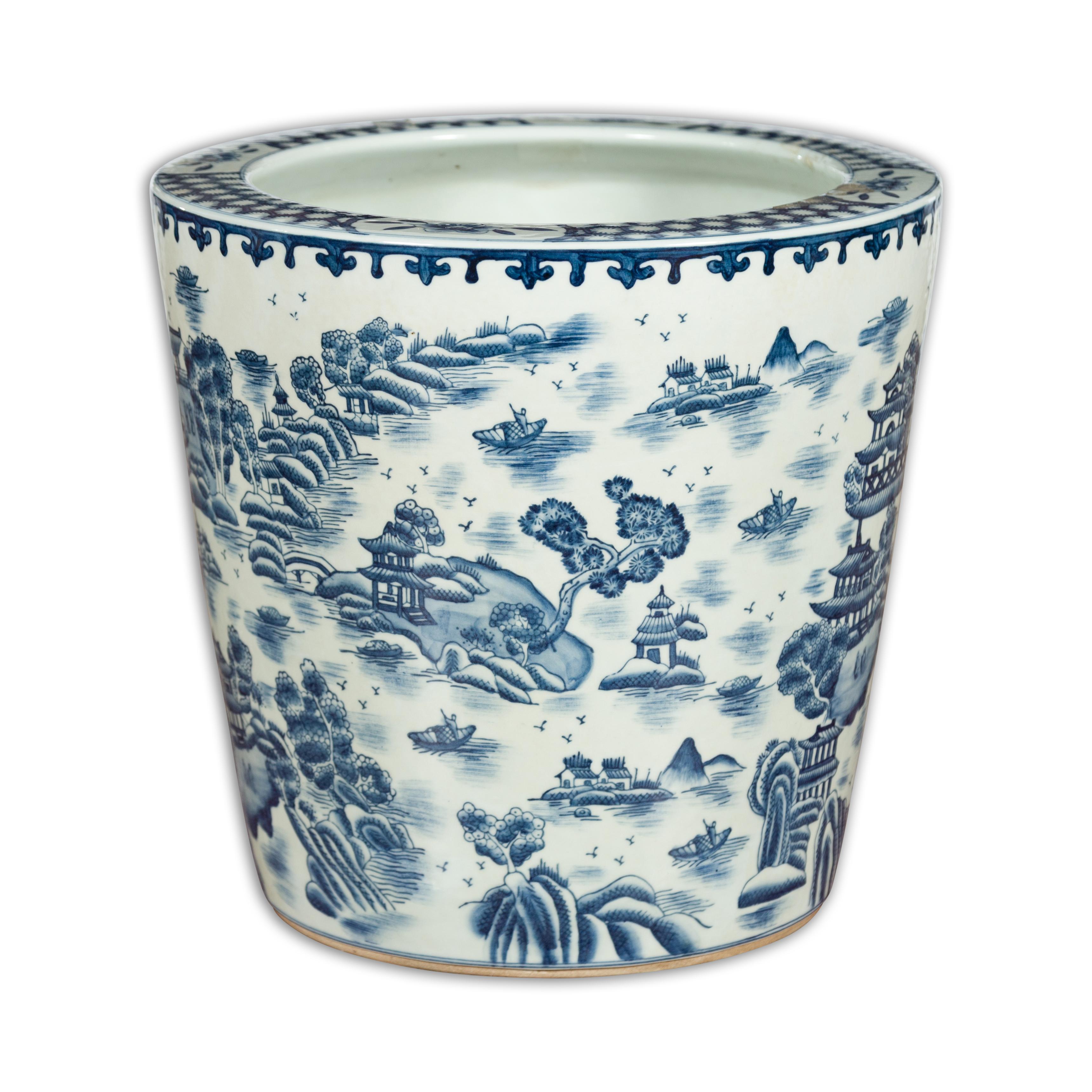 Vintage Porcelain Cache-Pot Planter with Blue and White Mountainous Landscape For Sale 8