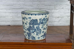 Vintage Porcelain Cache-Pot Planter with Blue and White Mountainous Landscape