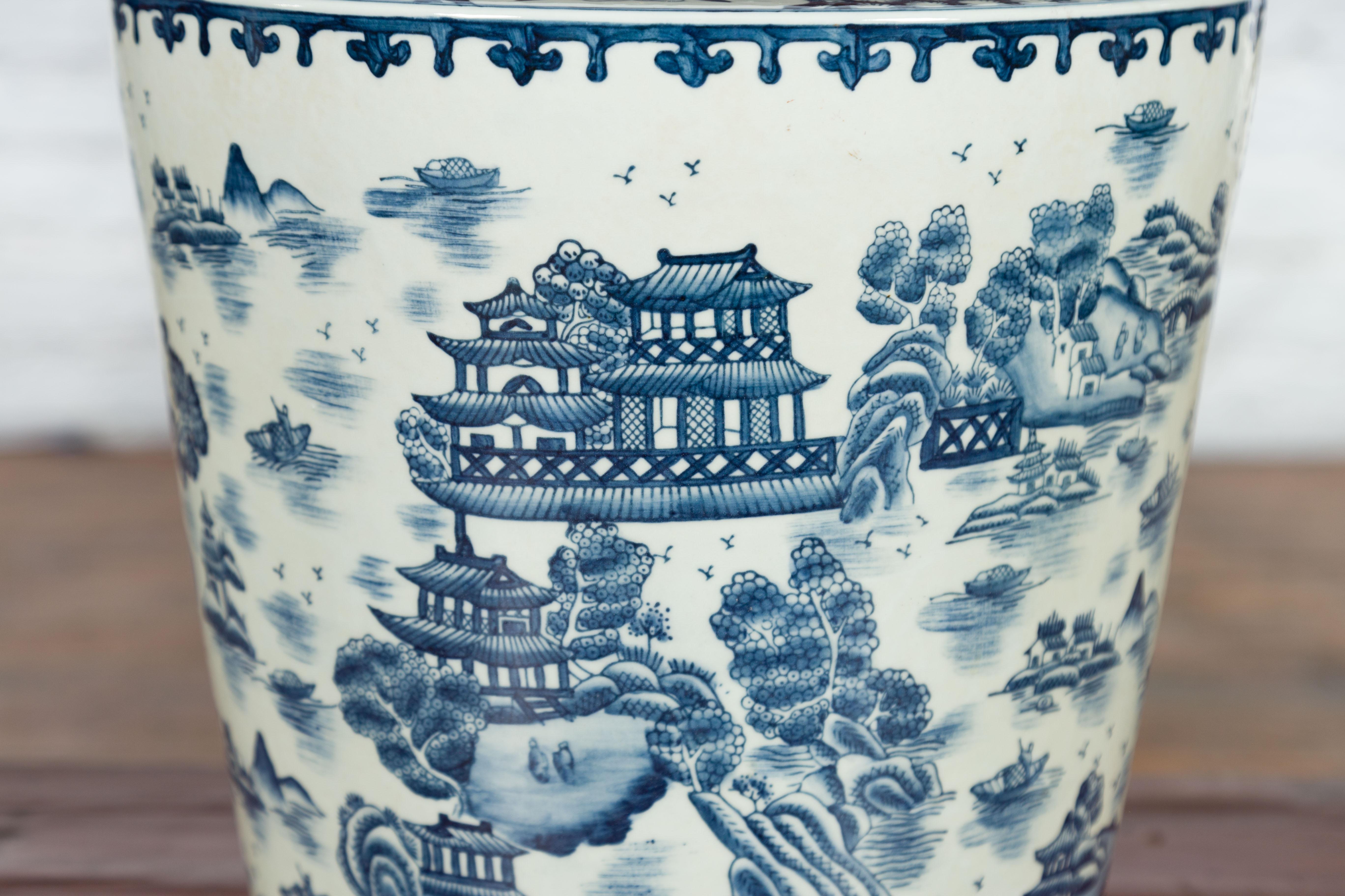 Chinese Vintage Porcelain Cache-Pot Planter with Blue and White Mountainous Landscape For Sale