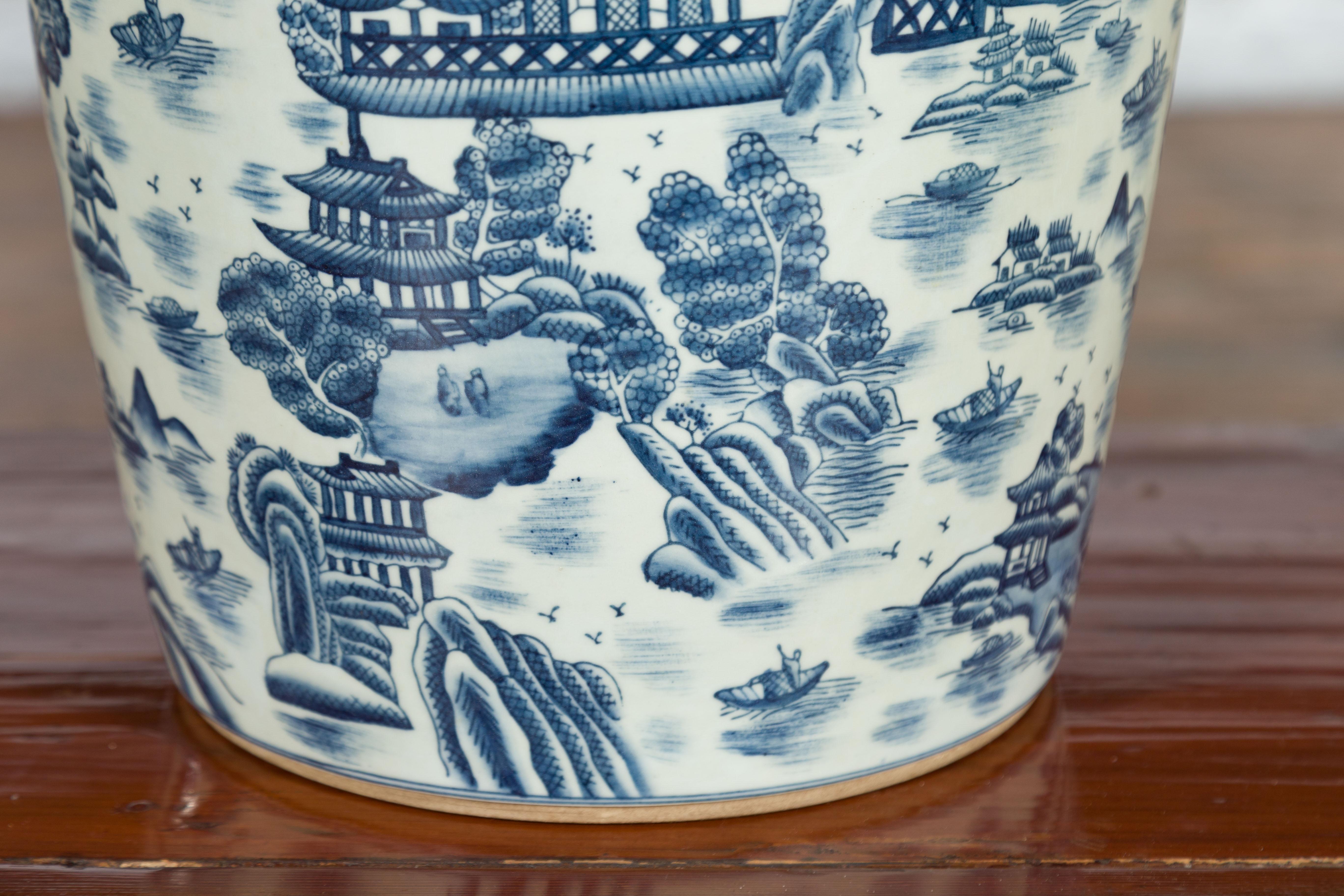 Hand-Painted Vintage Porcelain Cache-Pot Planter with Blue and White Mountainous Landscape For Sale